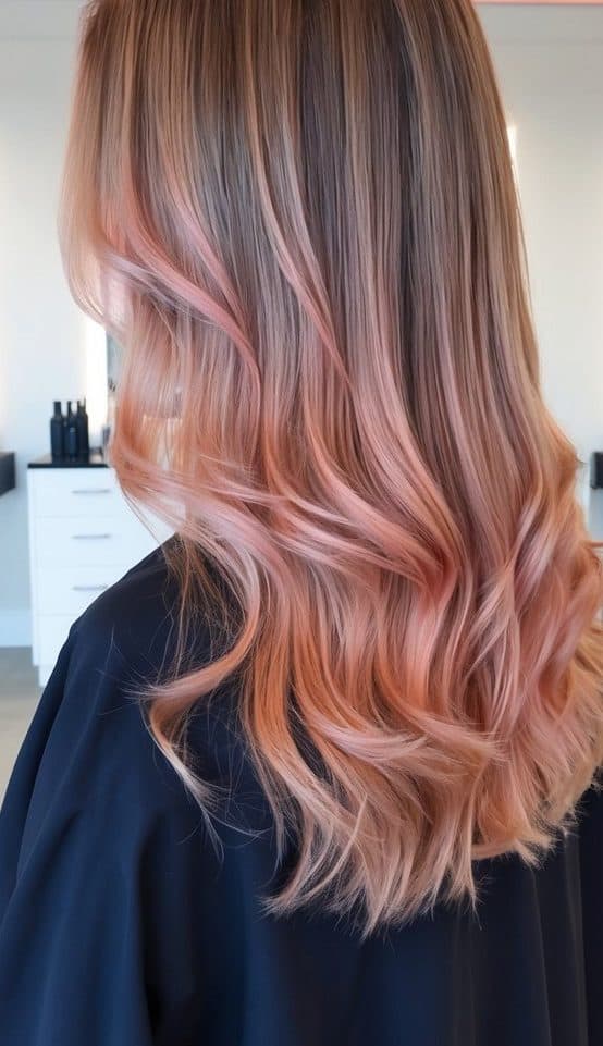 This dreamy sunset-inspired ombre blends soft peach tones with rosy pink hues, creating a delicate ripple effect
