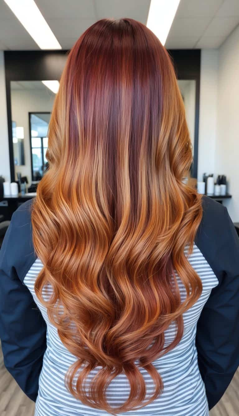 Warm sienna waves cascading down, transitioning from golden to deep red, resembling a sunset over the horizon