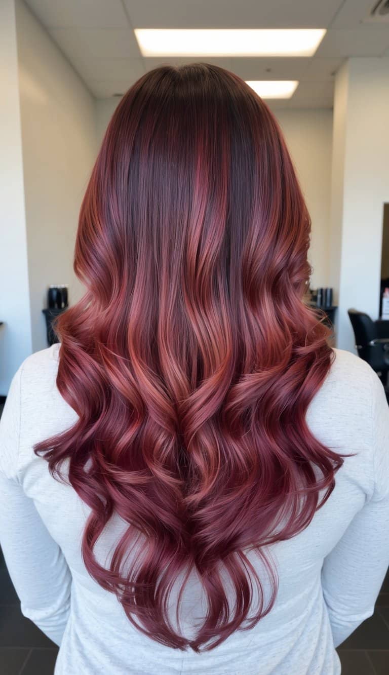 A pomegranate-colored sunset ombre hair cascading in waves