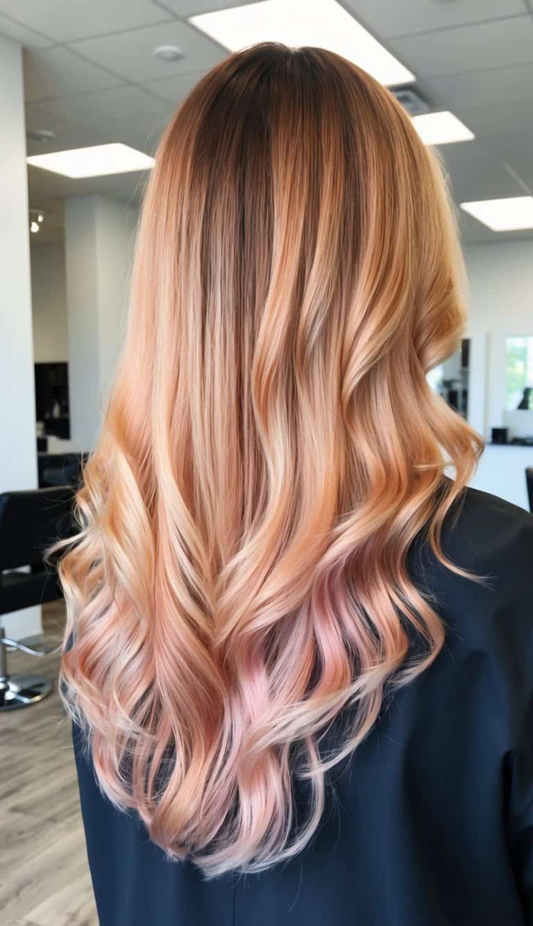 A woman's hair cascades in a sunset ombre, blending apricot, gold, and pink tones with a warm, enchanting glow