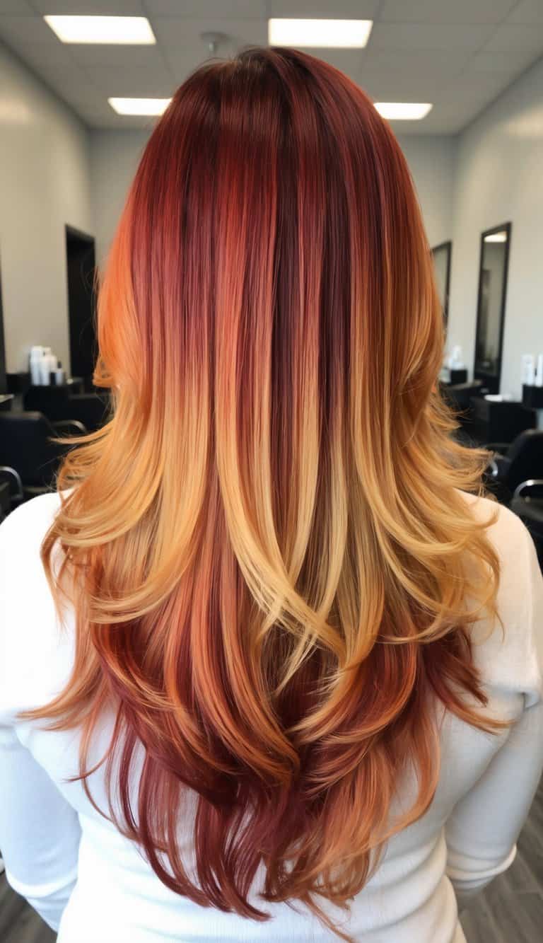 A woman's hair cascading in layers of sunset ombre colors, from fiery red to soft orange and golden yellow, with streaks of ember-like hues