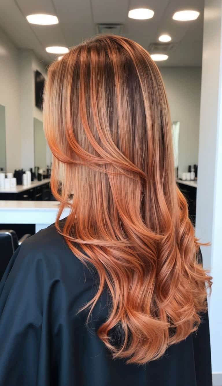 A vibrant sunset sky melting into copper and gold hair