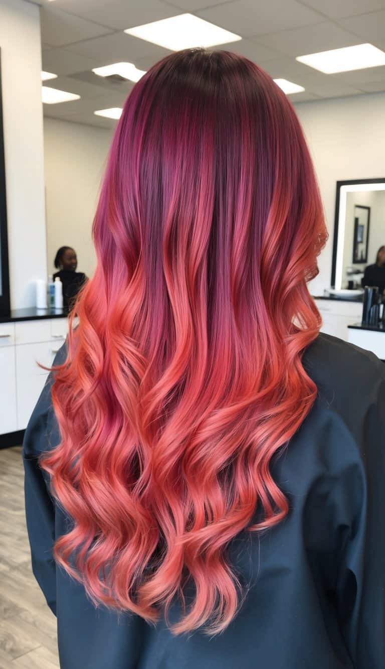 Vibrant sunset ombre hair cascading in waves