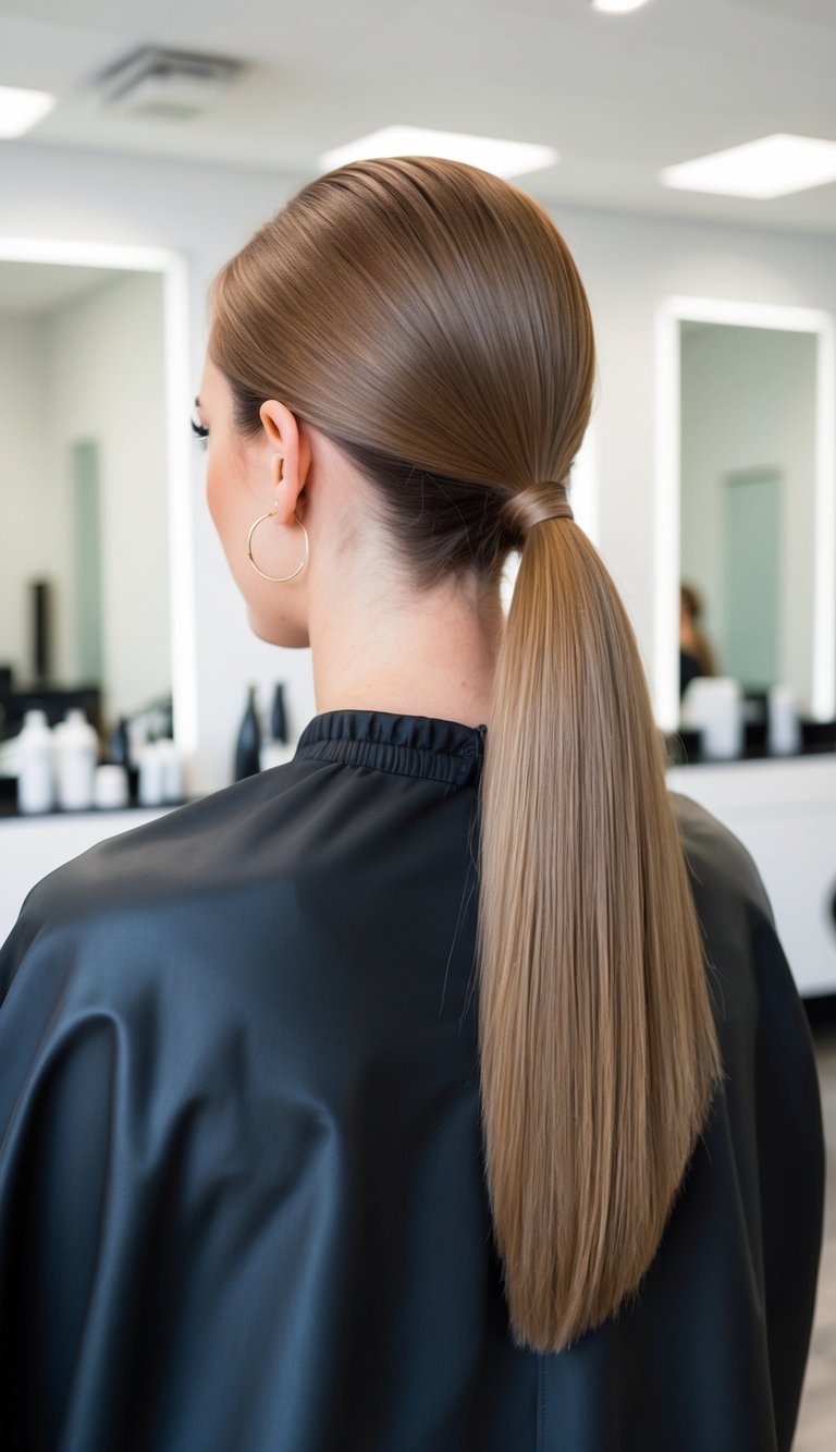 Polished low ponytail with a neat middle part and hair-wrapped detail, ideal for straight hair needing a clean silhouette.