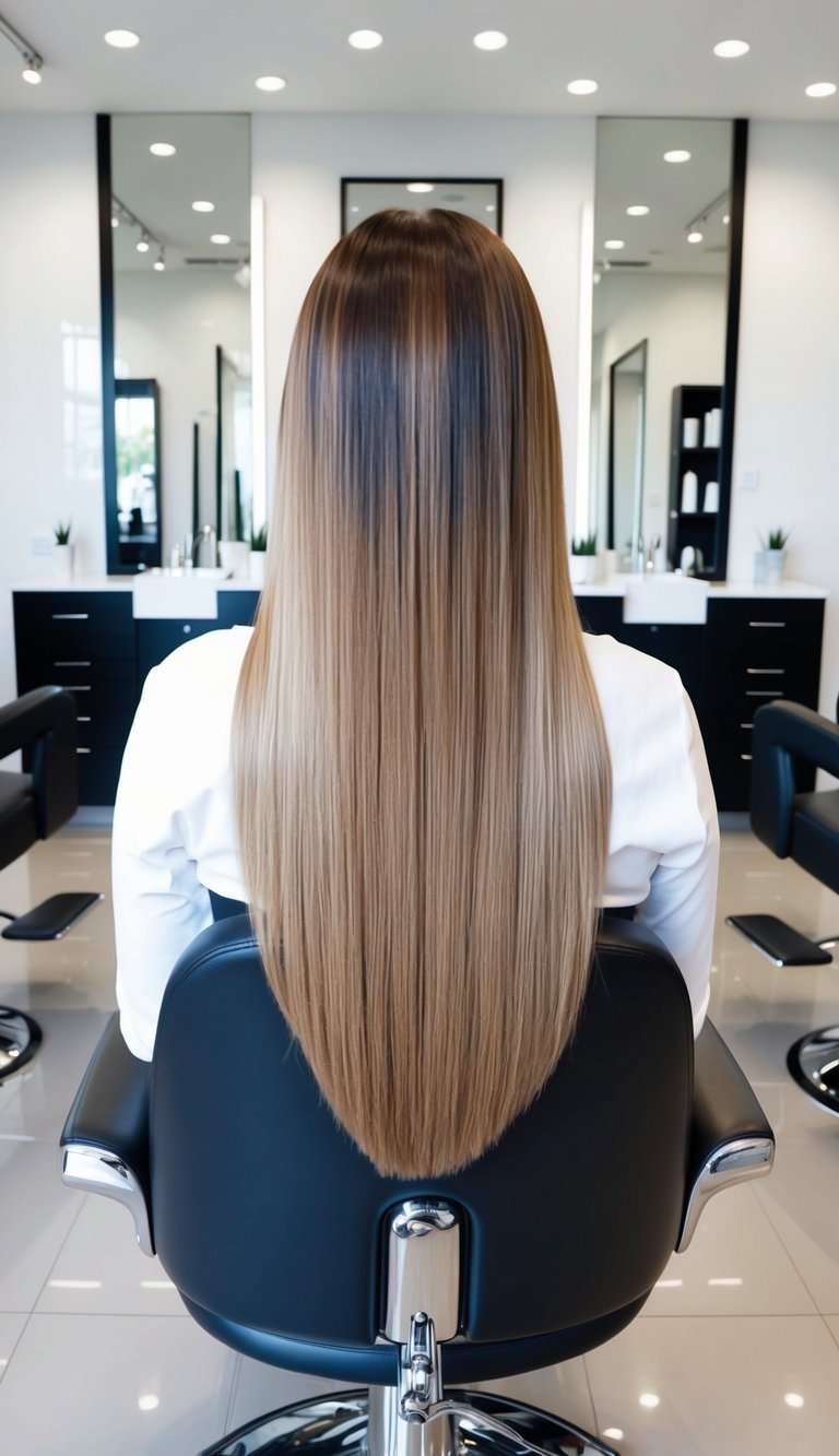 Long straight hair with a soft V-shaped finish and middle part, showing a graceful haircut idea for sleek straight hair.