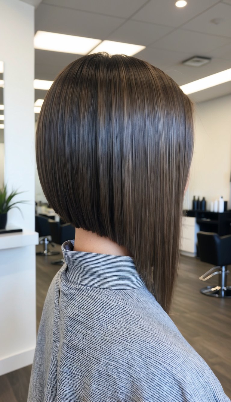 Stacked angled bob with sleek long front and a bold, sharply defined line, ideal for edgy straight hair looks.