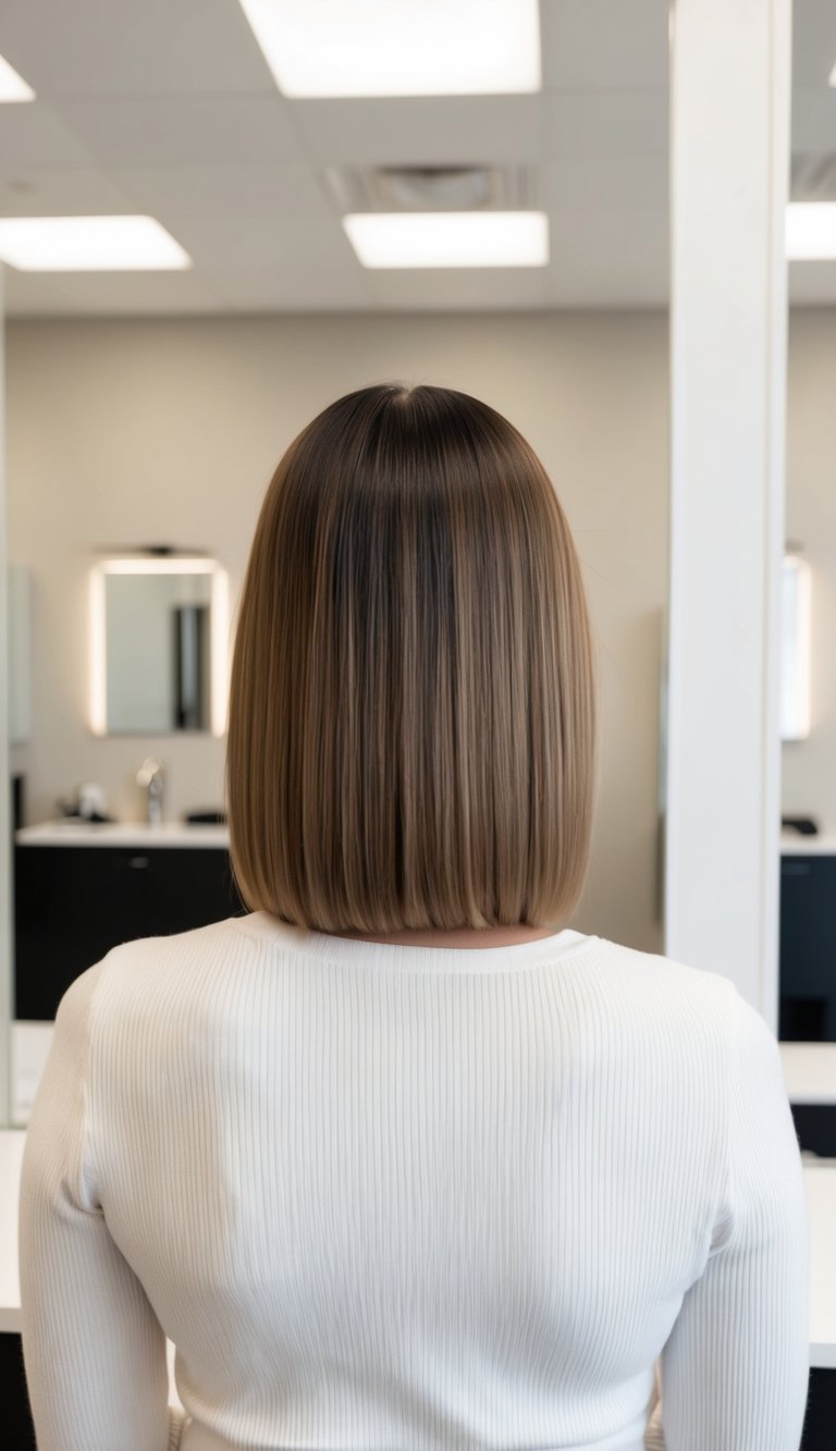 Blunt straight bob haircut with a middle part, styled for effortless polish and structured simplicity for straight hair.