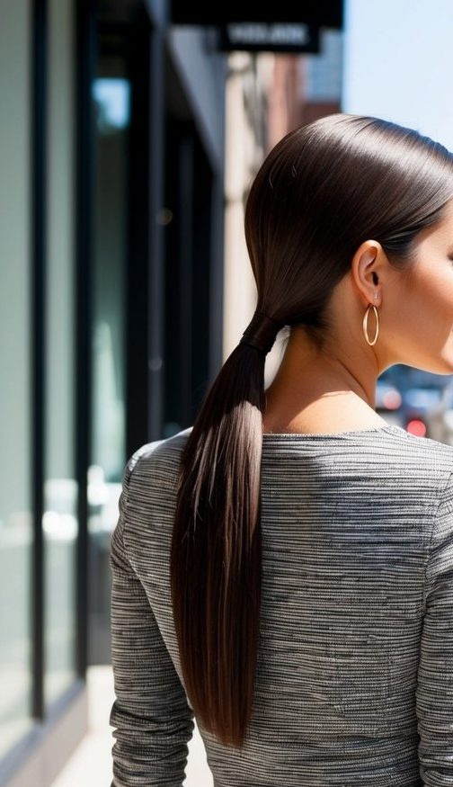Glass hair styled into a sleek low ponytail with a defined side part, highlighting glossy, ultra-straight locks.