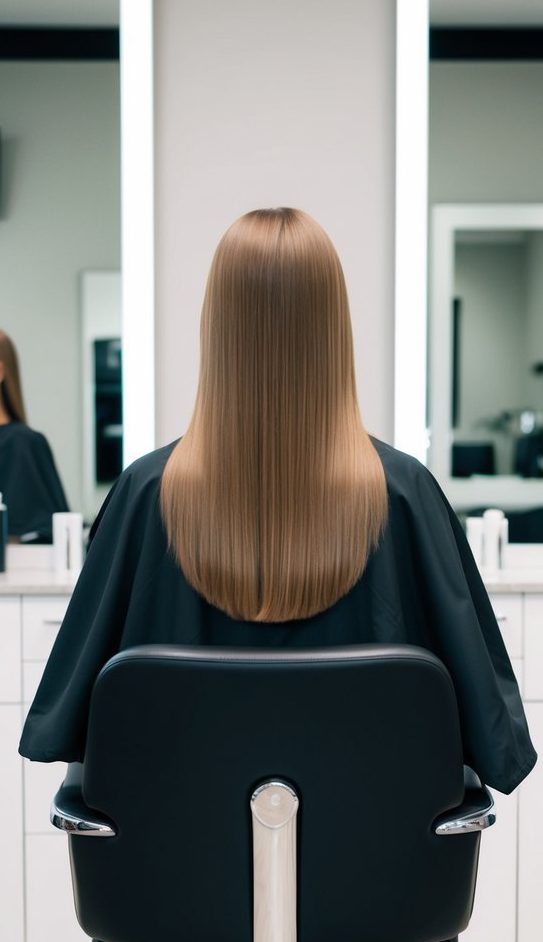 Mid-length straight hair with softly rounded ends and a smooth finish, offering a graceful haircut idea for sleek styles.