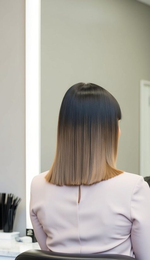 Straight medium-length hair with thick blunt fringe and a seamless dark-to-light ombre, perfect for modern haircut ideas.
