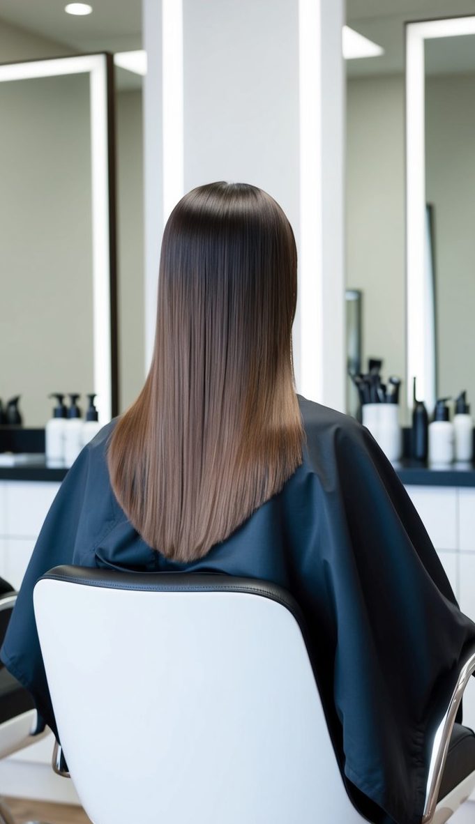 Polished mid-back V-cut hairstyle with sleek straight strands and a subtle pointed shape, ideal for elegant straight hair.