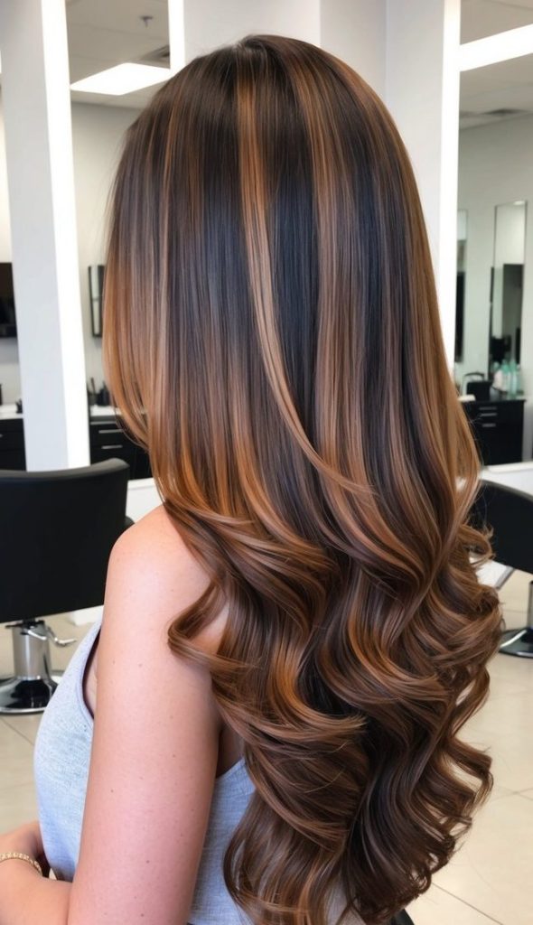 A woman with long, wavy hair featuring warm highlights, standing in a modern salon with black chairs and mirrors.
