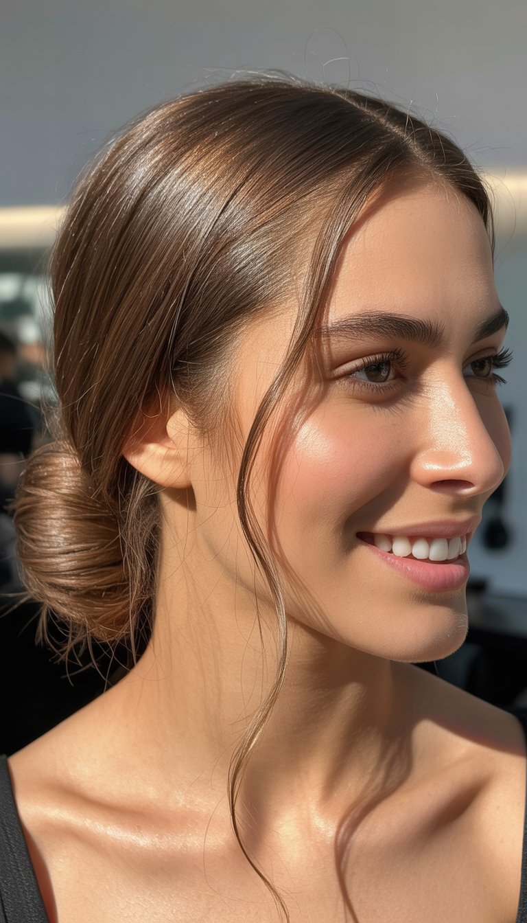 A woman with long hair styled in a low bun and loose strands framing her face, smiling in a well-lit setting.