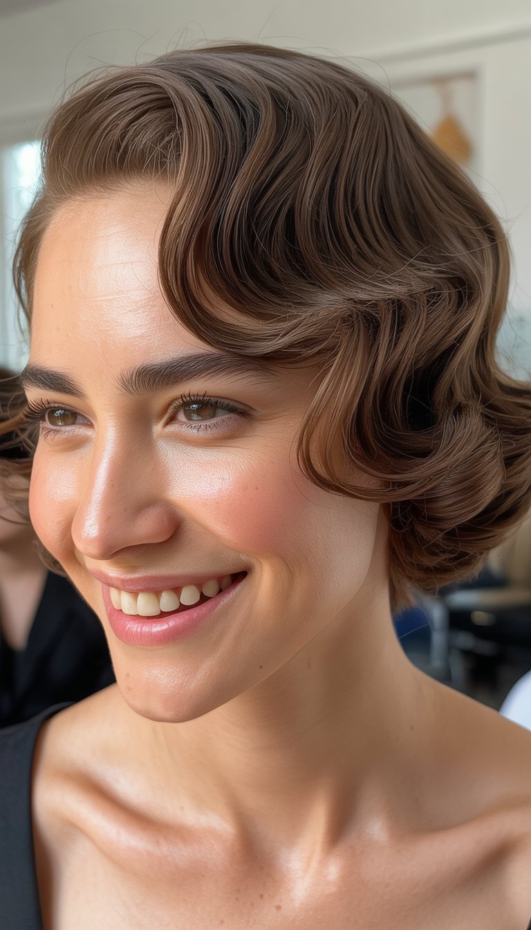A woman with styled, wavy brown hair and glowing skin smiles brightly indoors.