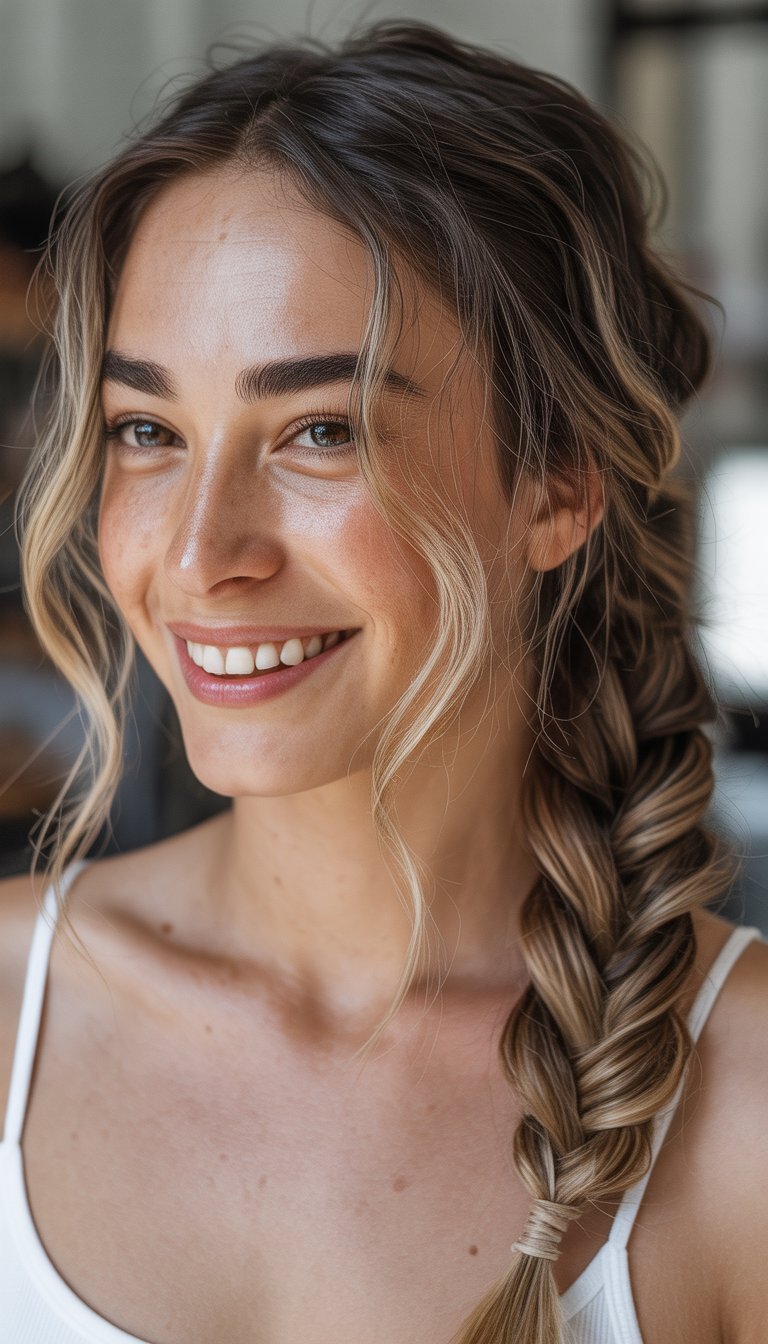 A smiling woman with light brown hair in a braid, wearing a white sleeveless top, in a softly lit setting.