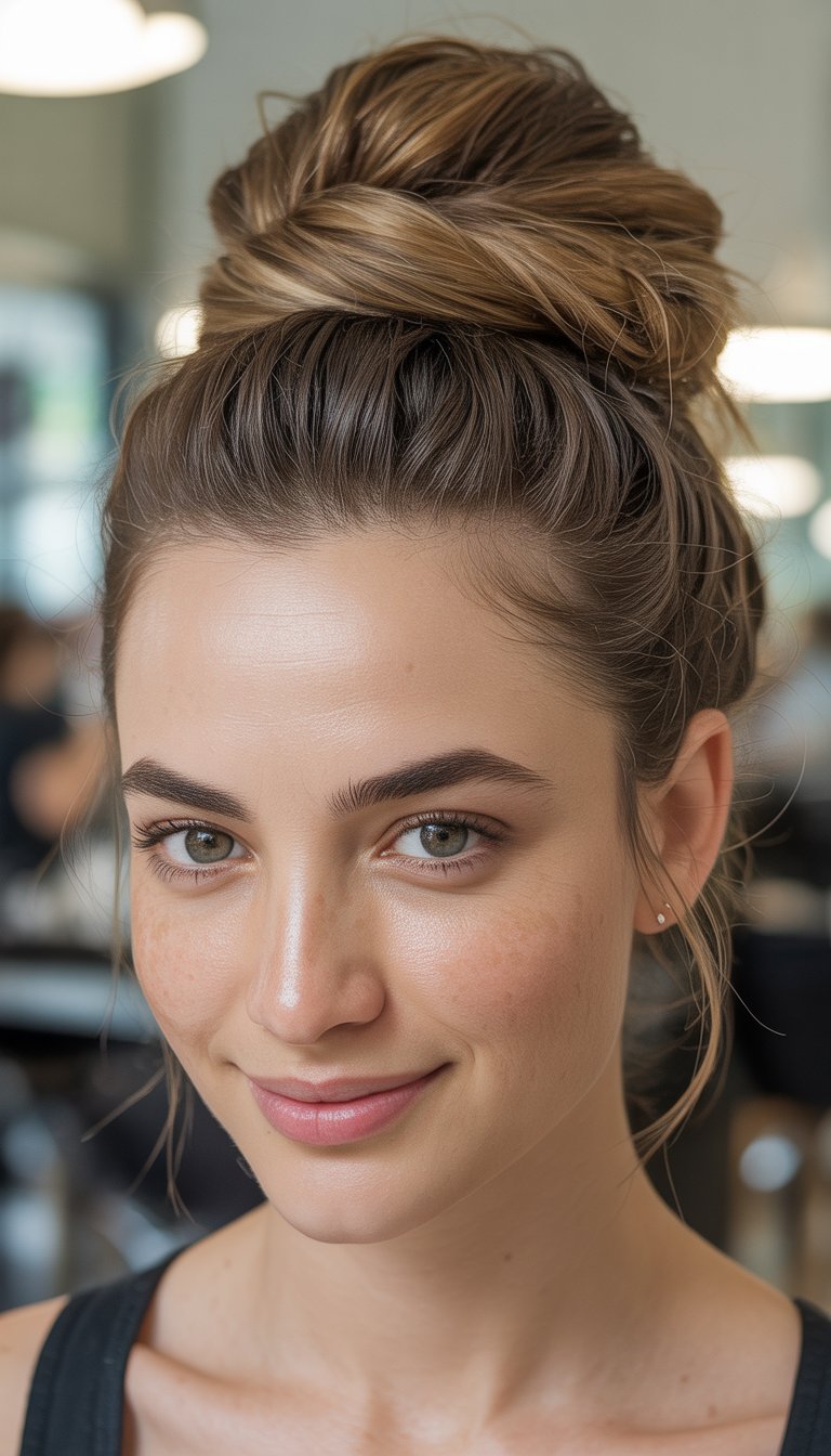 A close-up of a smiling woman with light brown hair styled in a messy bun, wearing a black top.