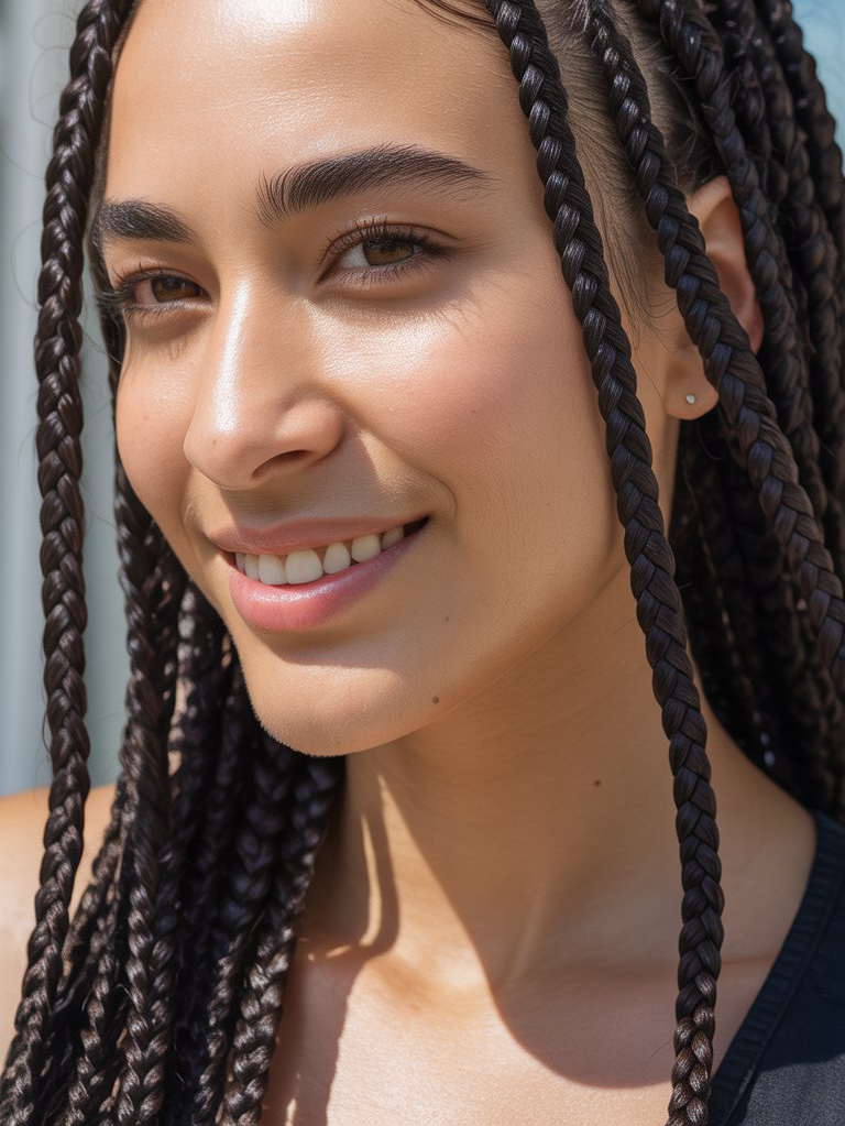 A person with braided hair smiling in close-up, with sunlight highlighting their face.