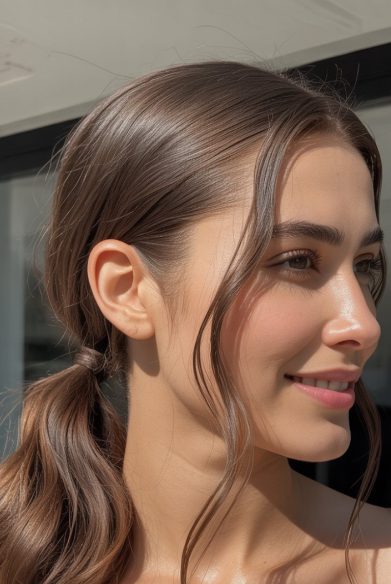 A young woman with long brown hair styled in a ponytail, with loose strands framing her face, is smiling softly in an outdoor setting.
