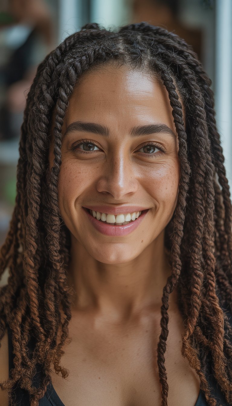 A woman with long twisted hair smiling, wearing a sleeveless top, with a blurred background.