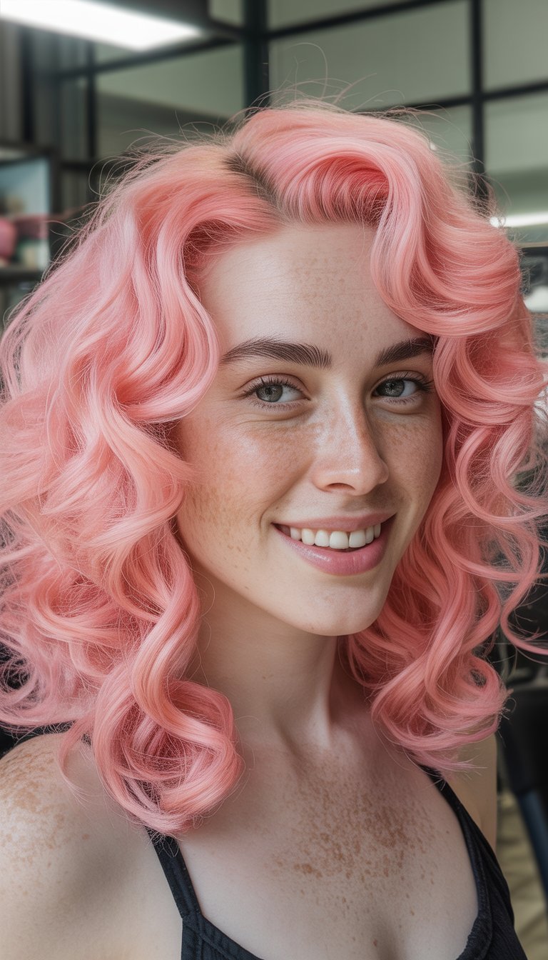 A woman with curly pink hair smiles, showing her freckles and wearing a black top.