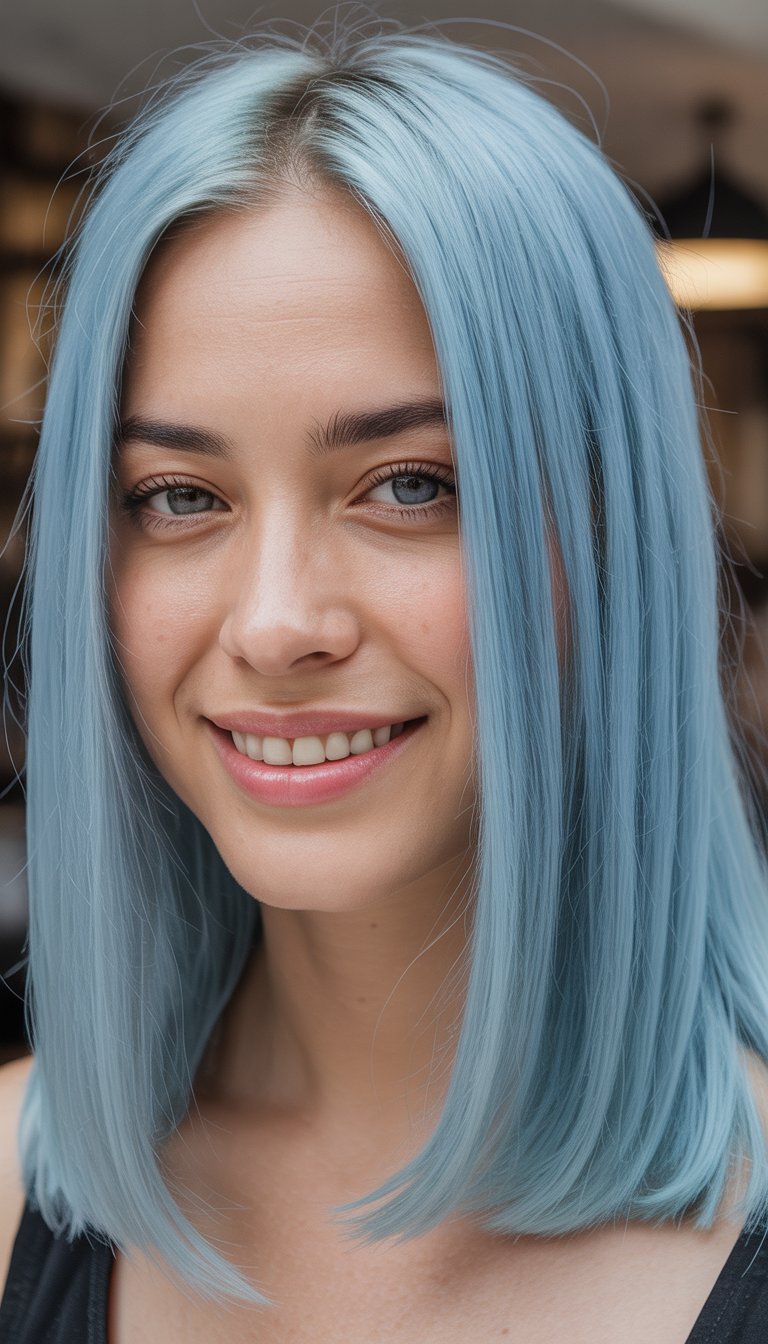 A person with straight, light blue hair smiling at the camera in a close-up portrait.