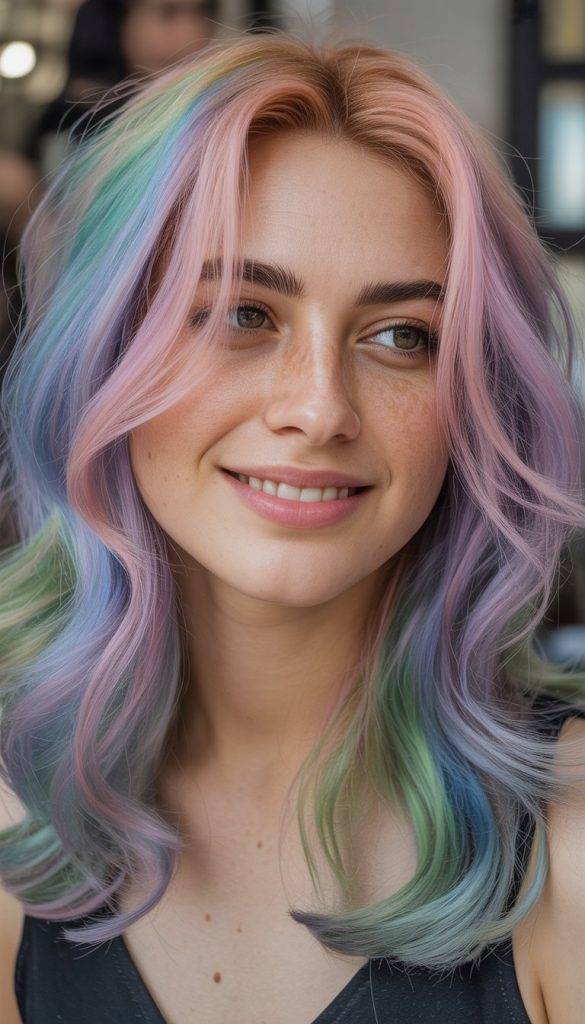 A woman with multi-colored pastel hair, featuring shades of pink, purple, blue, and green, smiling and looking slightly to the side.