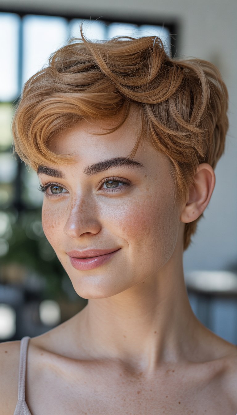 A person with short, wavy, light brown hair and freckles smiling softly, set against a blurred indoor background.