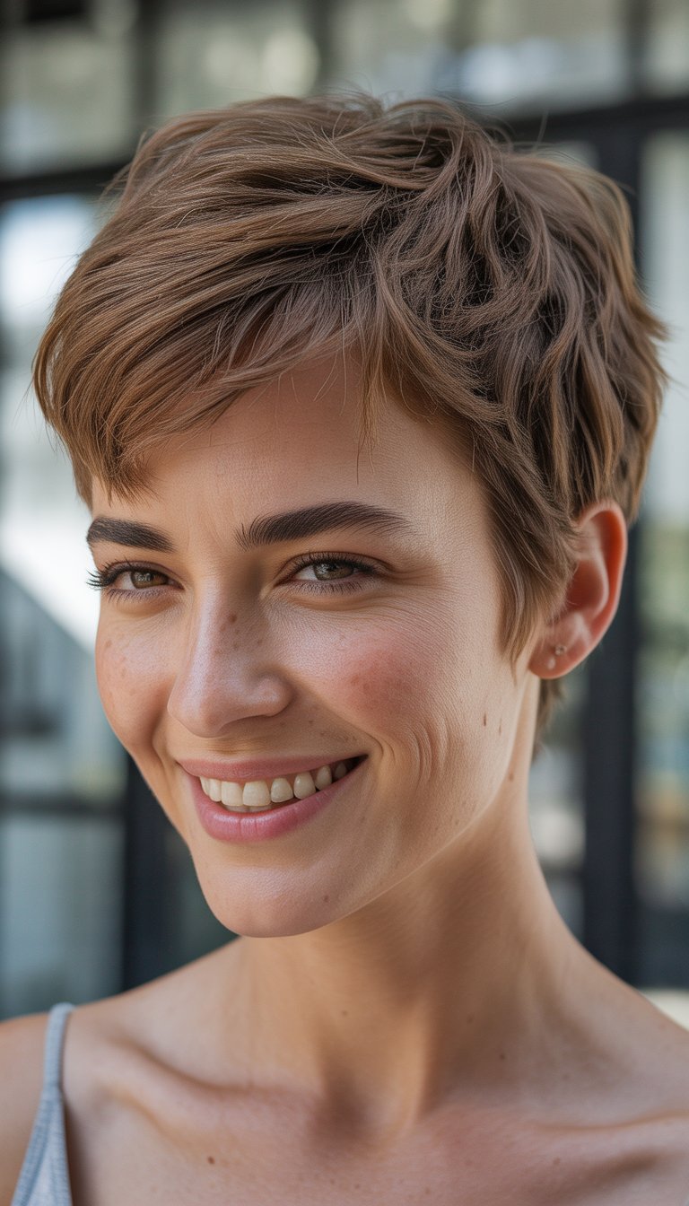 Smiling woman with short brown hair and freckles, wearing a sleeveless top.