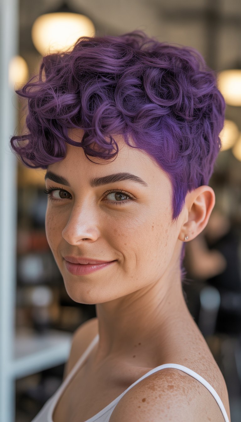 A person with short, curly purple hair and a white tank top smiles slightly, standing indoors with blurred lights in the background.
