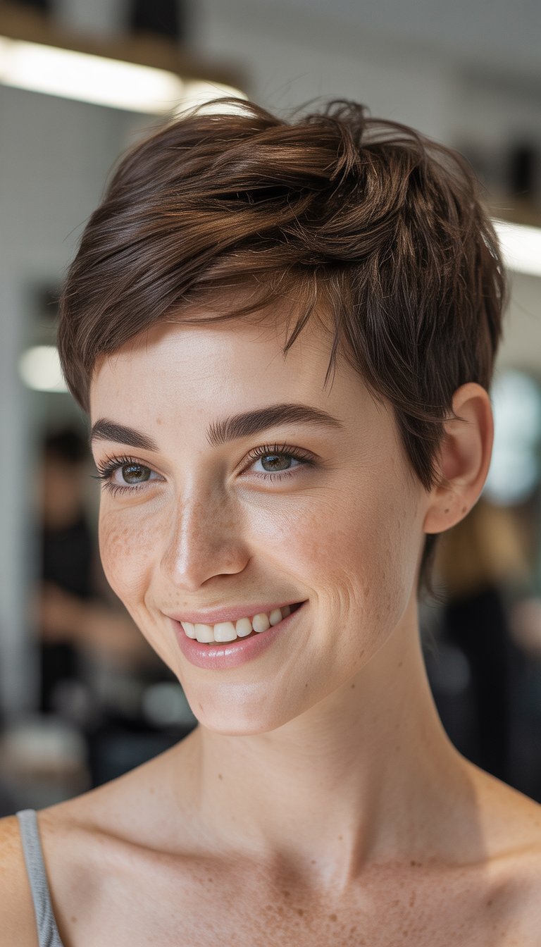 A person with short brown hair and freckles, smiling and looking to the side, wearing a gray tank top.