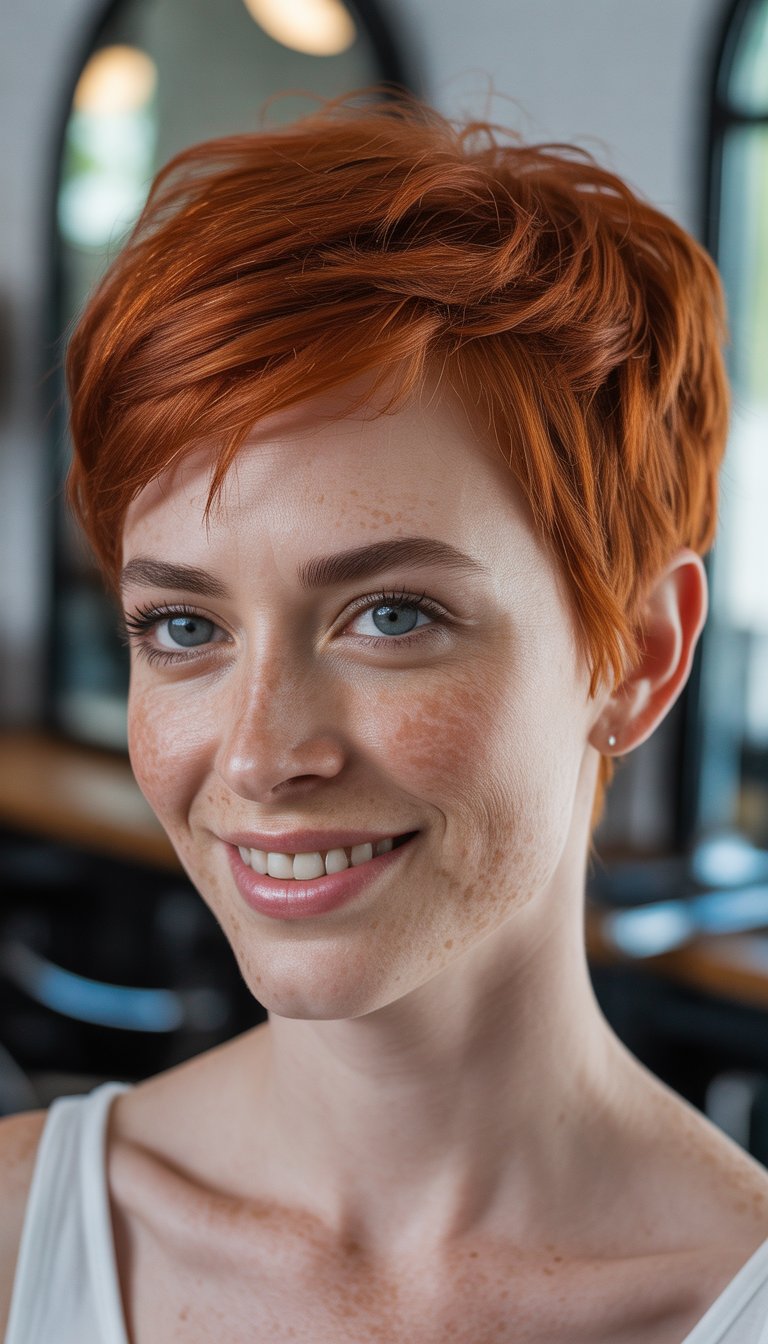 A person with short red hair and freckles smiling in a well-lit room with blurred background.