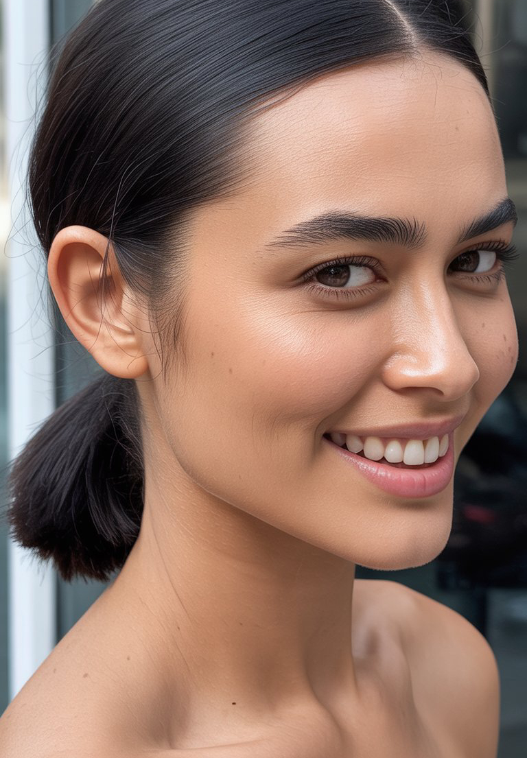 A close-up of a smiling person with smooth skin, dark hair tied back, and visible shoulders, standing against an urban background.