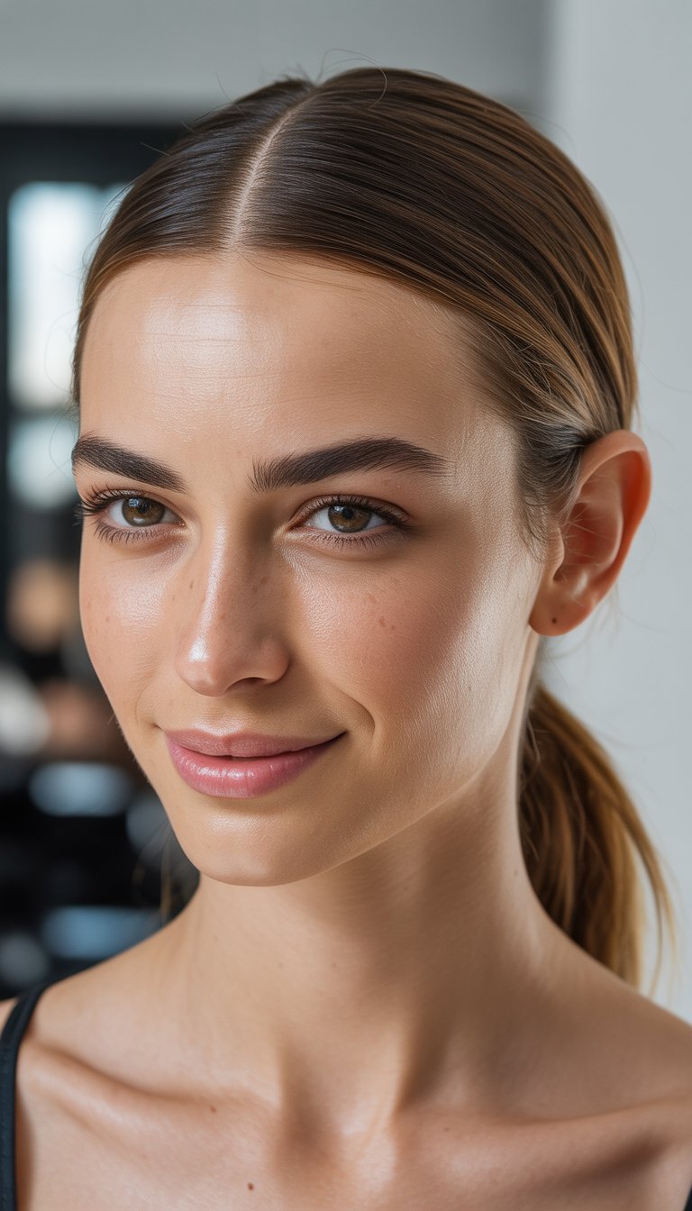 Close-up of a person with smooth skin and a subtle smile, featuring neatly groomed eyebrows and styled hair tied back.