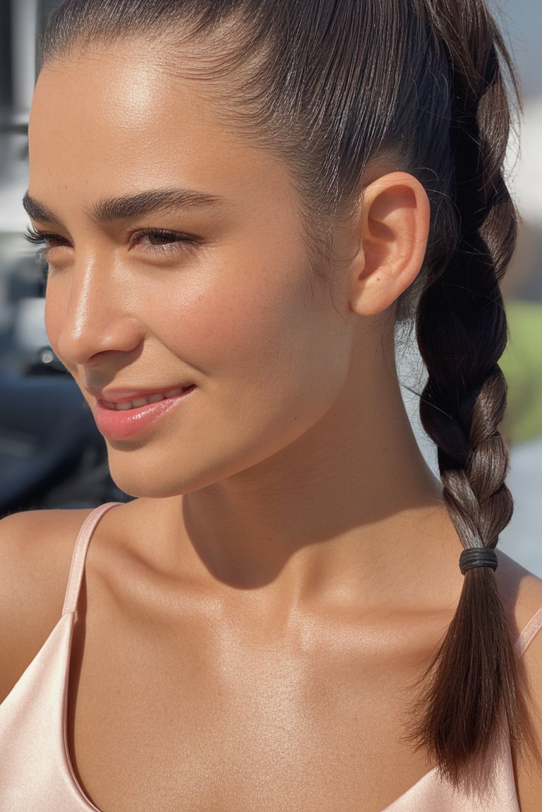 A woman with a sleek braid, wearing a light pink top, smiles softly while standing in sunlight.