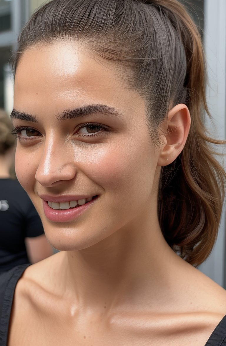 A person with brown hair tied in a ponytail smiling while looking at the camera. They have clear skin and are wearing a black top, standing outside a building.