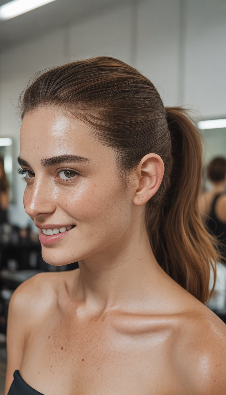 A woman with a ponytail and smooth skin smiling, wearing a strapless top in an indoor setting.