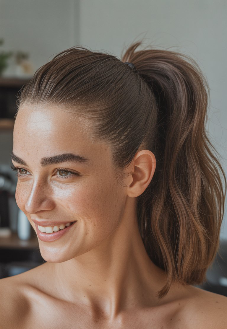 A person with long brown hair tied in a ponytail smiling, showing clear skin and light makeup.