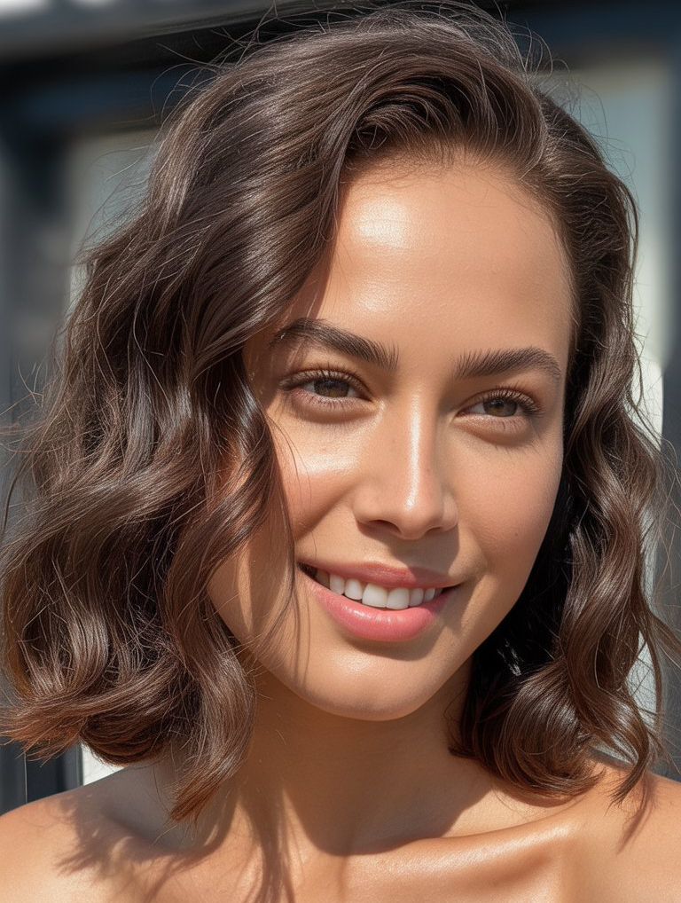 A woman with wavy brown hair smiles warmly in natural light, highlighting her clear complexion and expressive eyes.