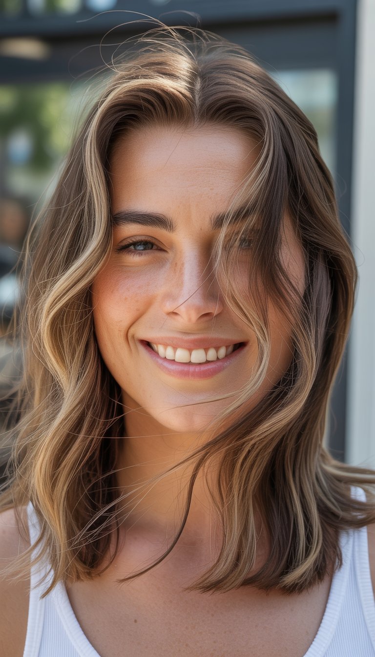 A woman smiling naturally with a stylish summer haircut, photographed up close with soft background.