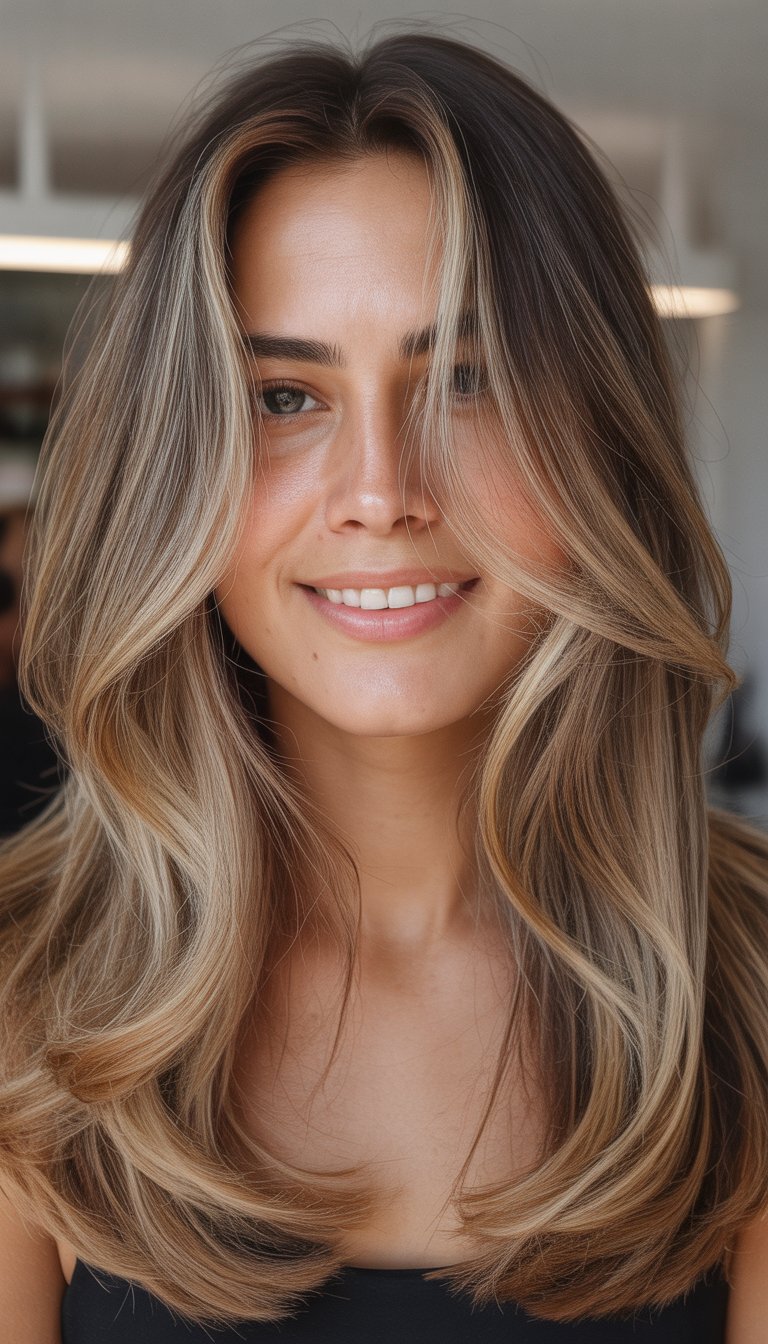 A smiling woman with long layered hair and balayage highlights in a softly lit indoor setting.