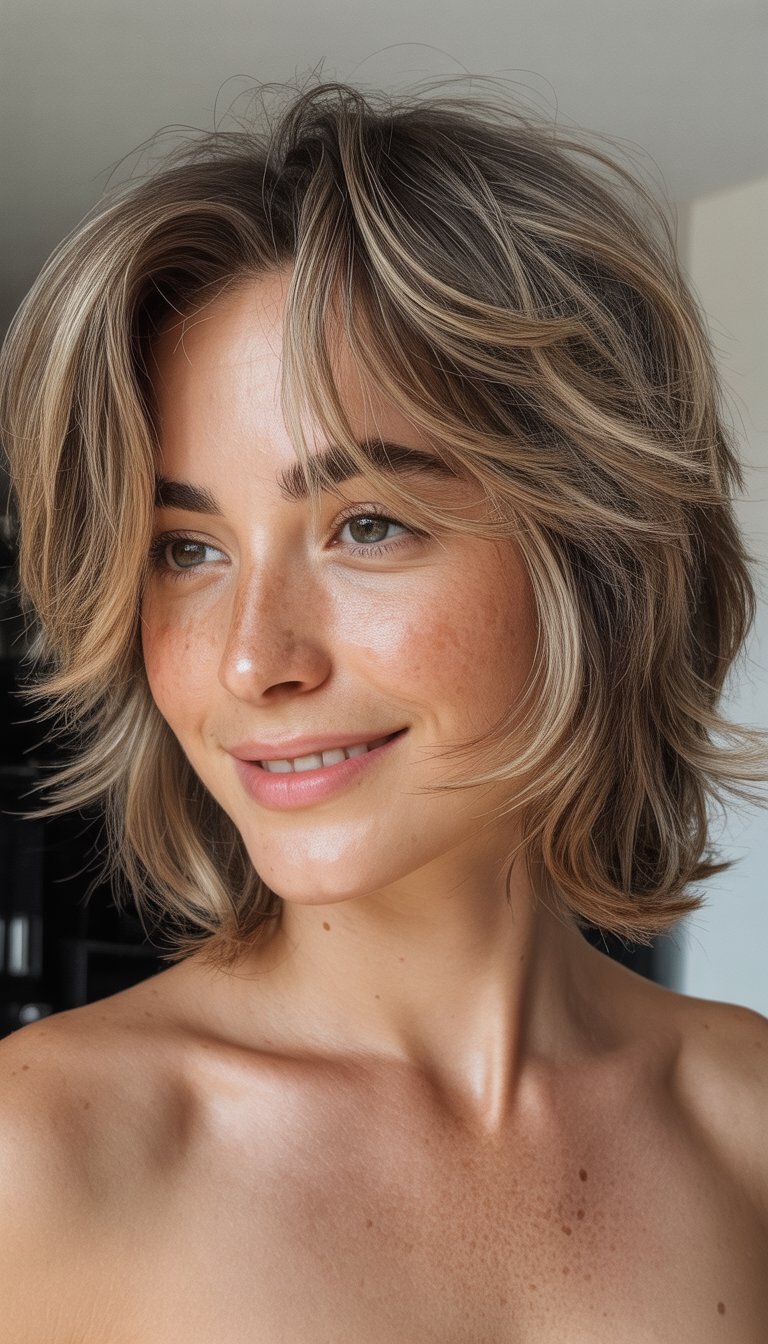 A woman with layered, tousled hair smiling naturally in a softly lit close-up photo.