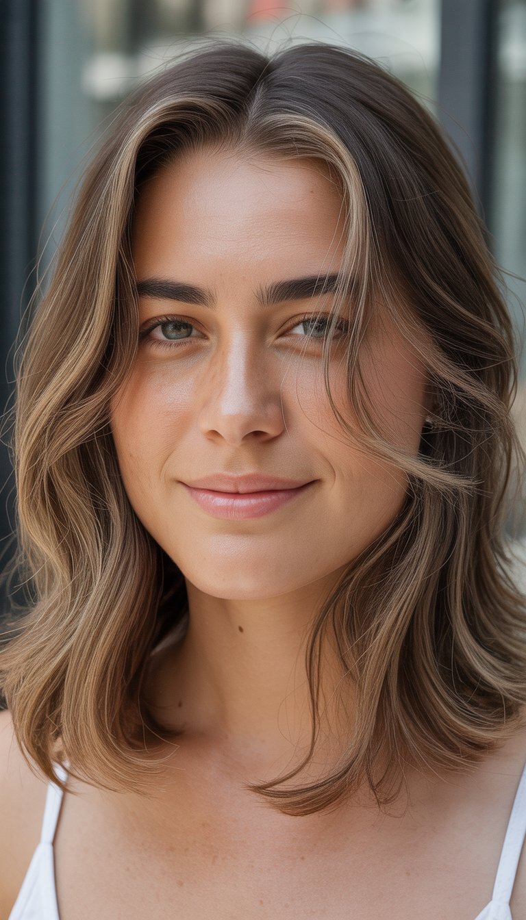A close-up photo of a smiling woman with medium-length layered hair, looking toward the camera with soft natural lighting.