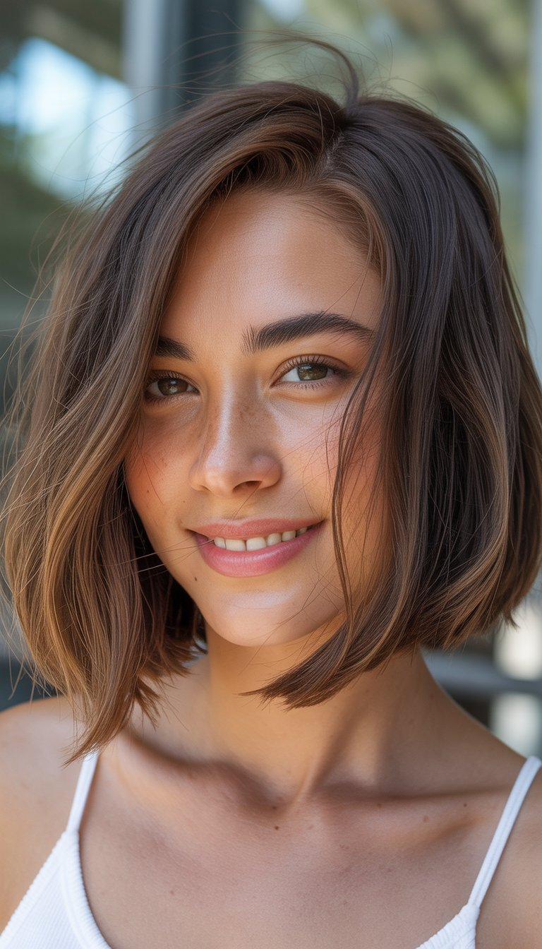 A woman smiling naturally with a short asymmetrical bob hairstyle, photographed in soft natural light with a blurred background.