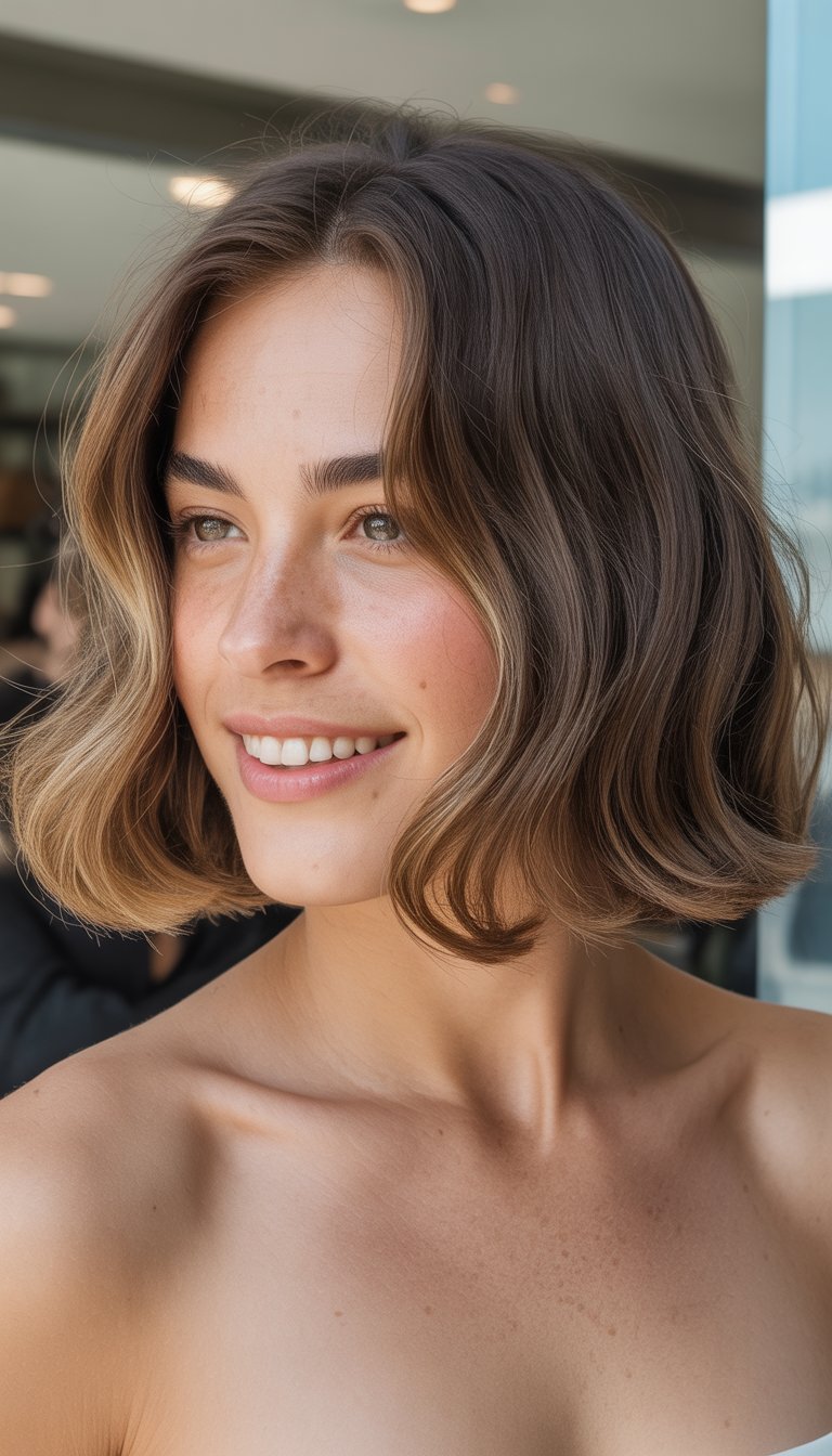A smiling woman with a short wavy bob hairstyle, photographed in natural light with a blurred background.