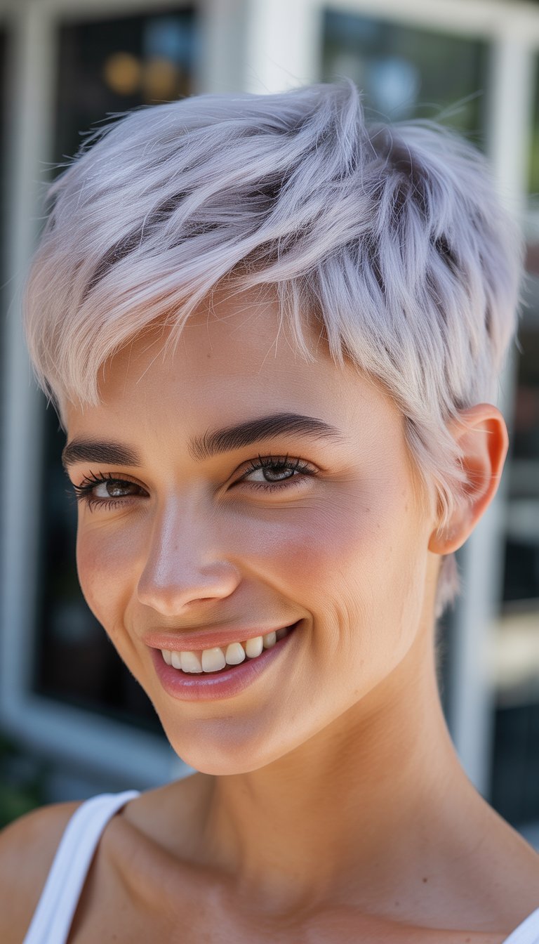 A close-up photo of a smiling woman with short platinum blonde hair, looking directly at the camera.