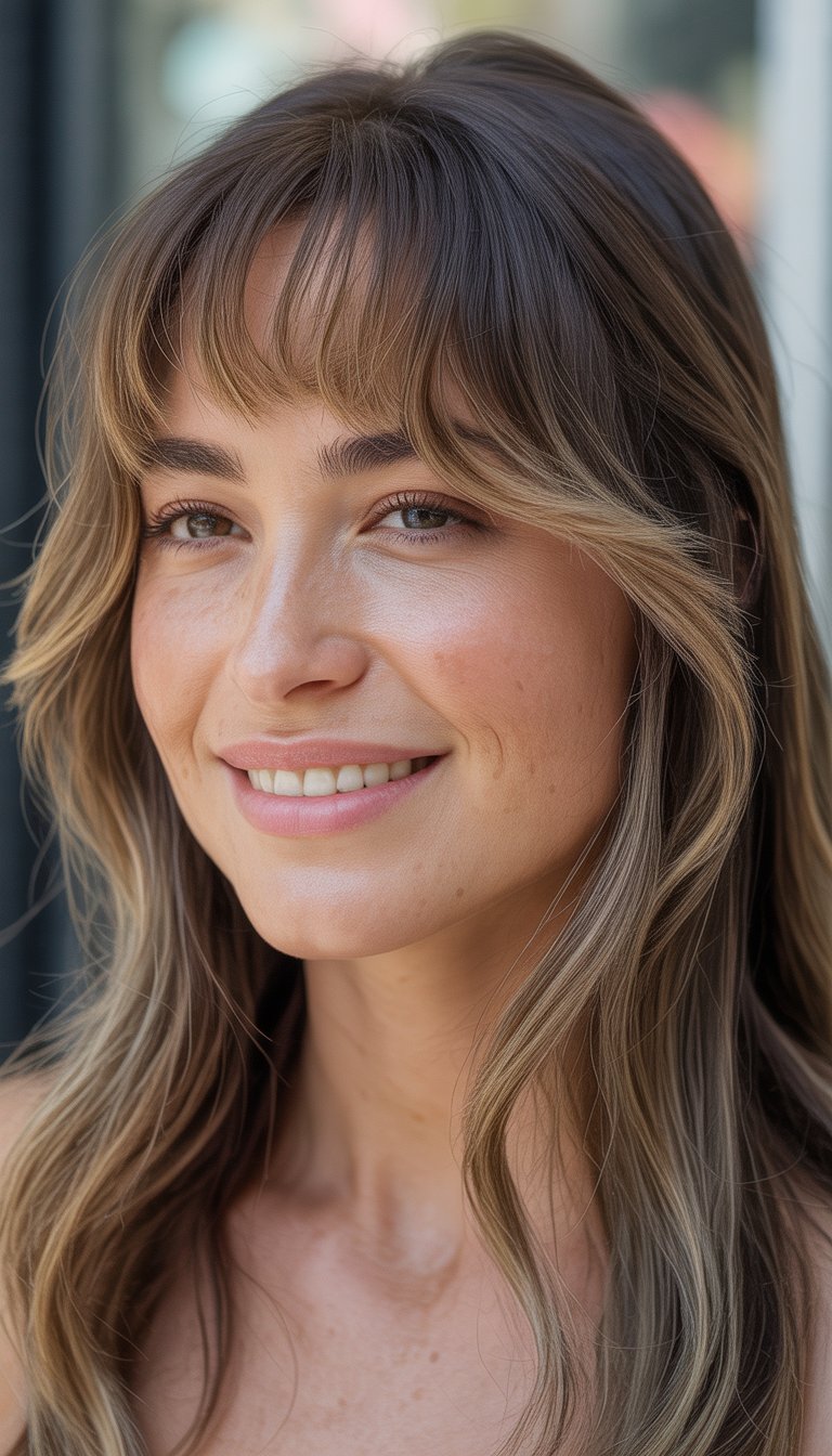 A close-up photo of a woman smiling naturally with long hair and curtain bangs, taken in soft daylight.