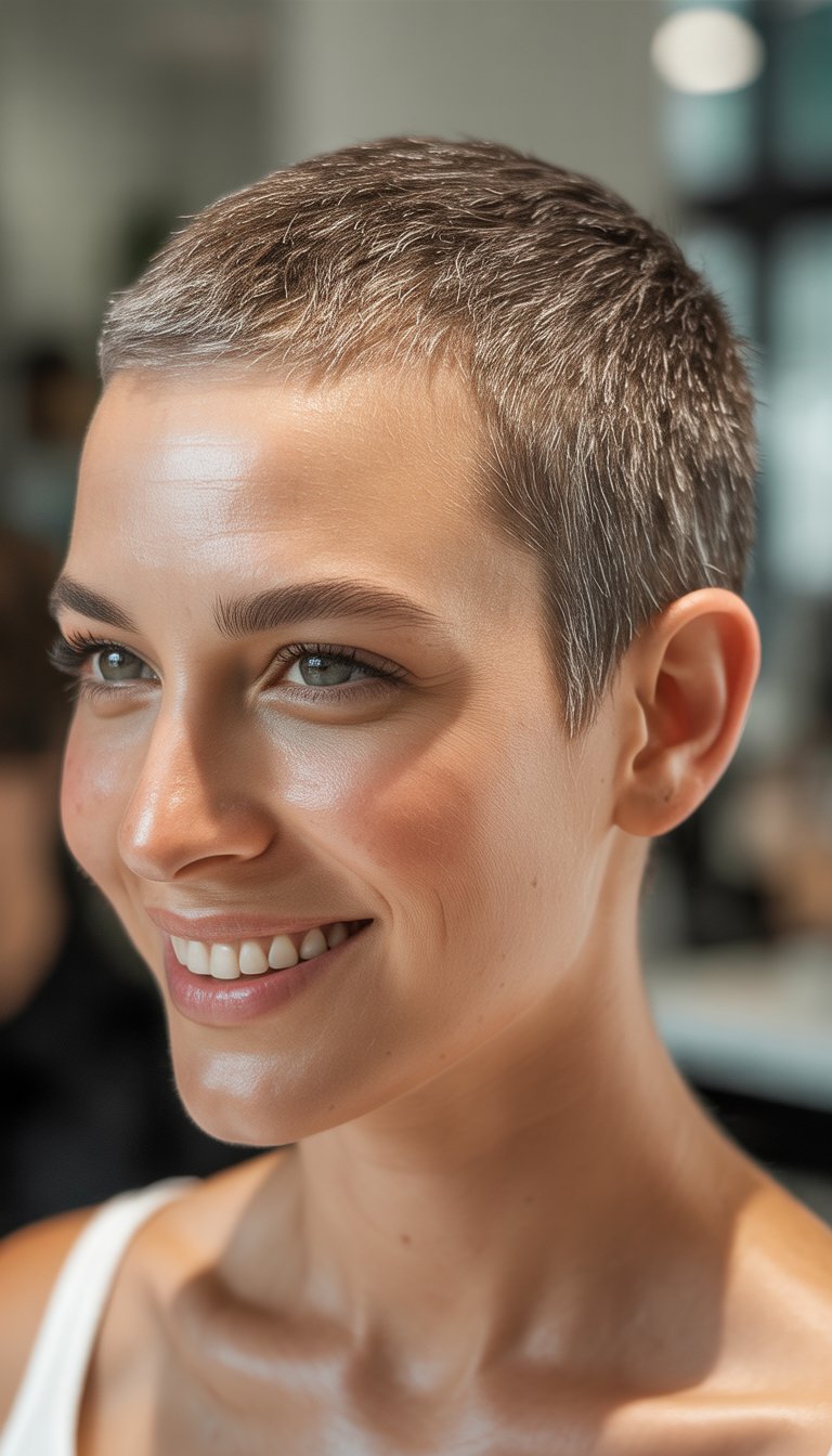 A woman with a short textured haircut smiling naturally in a softly blurred background.