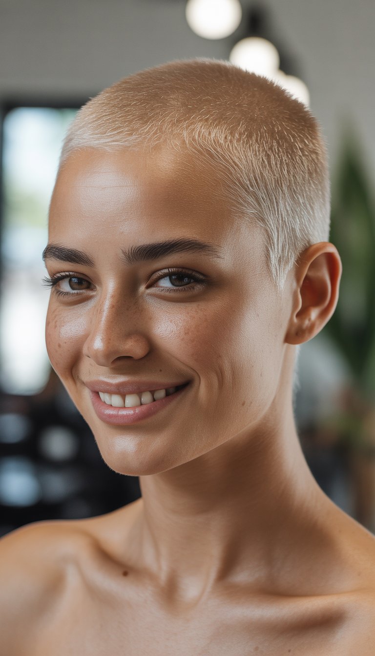 A smiling woman with a short buzz cut hairstyle, looking directly at the camera in a softly lit portrait.