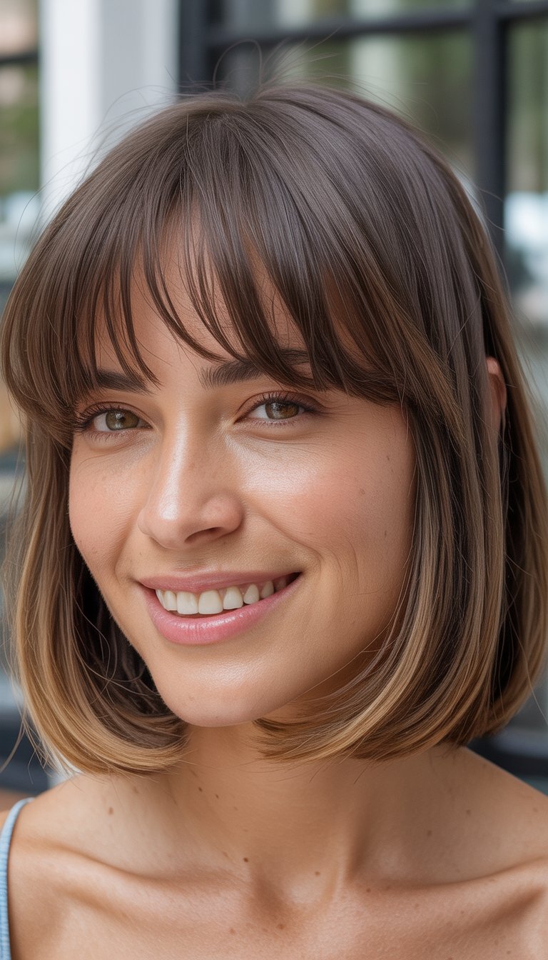 A woman smiling naturally with a short bob haircut and bangs, photographed in soft daylight with a blurred background.