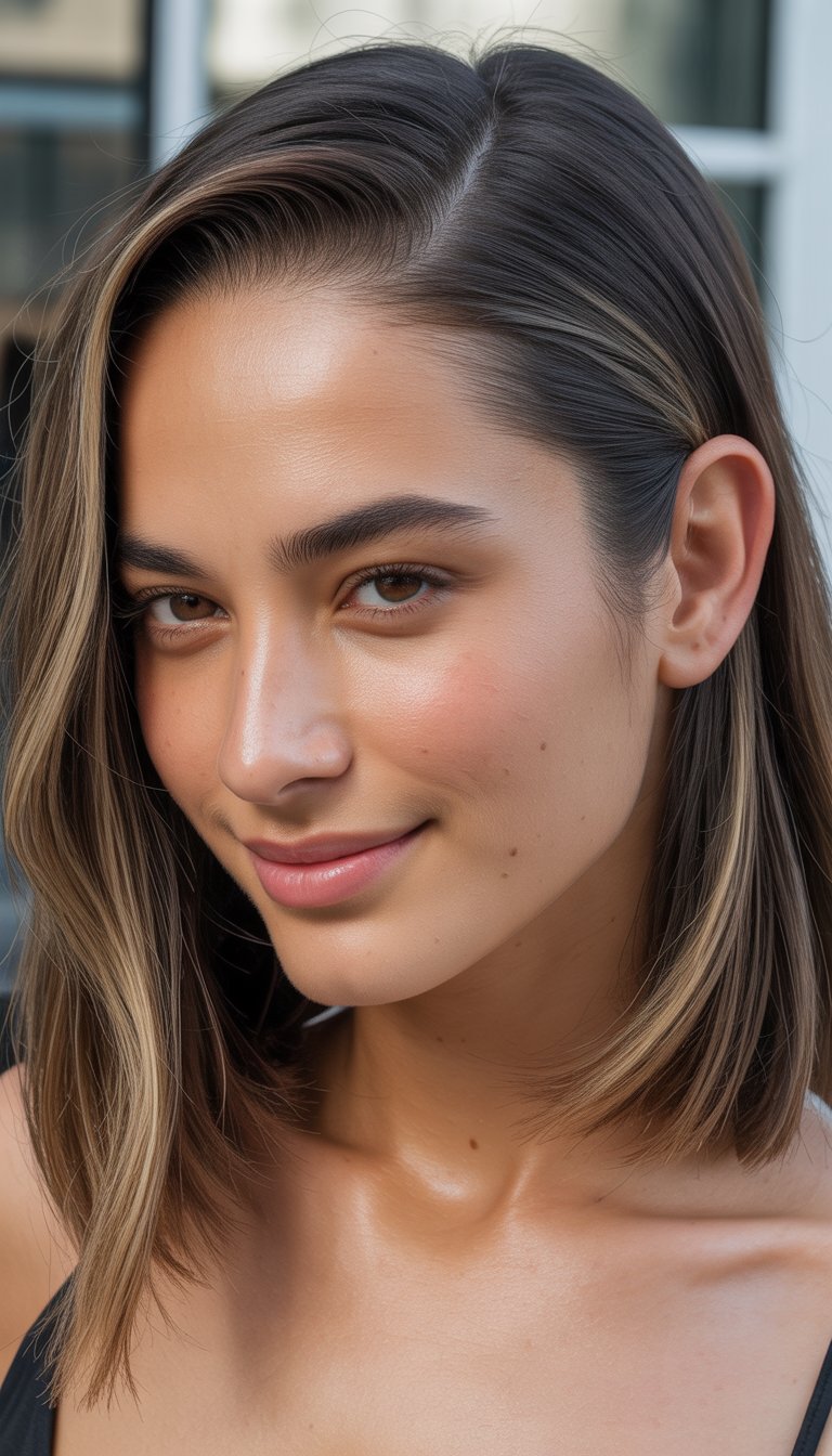 Close-up photo of a smiling woman with straight hair parted deeply to one side, looking confidently at the camera.